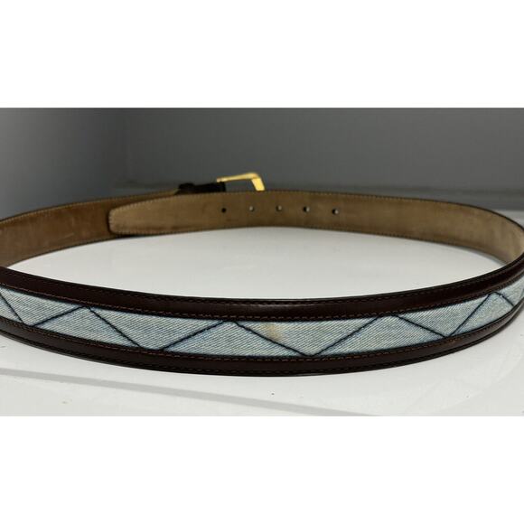 RARE Brioni Brown Leather Blue Quilted Denim Belt Solid Brass Buckle Sz 100 / 40 - Picture 7 of 12